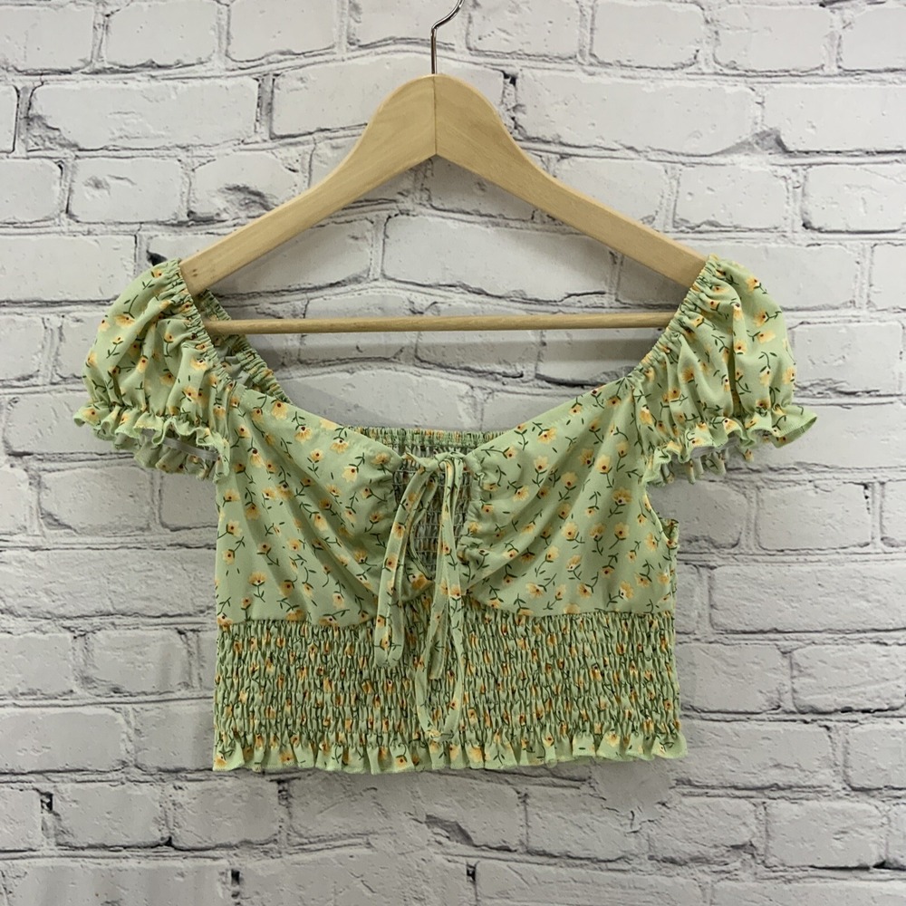 Romwe Crop Top Womens Sz S Green Floral Print Peasant‎ Style Cottagecore